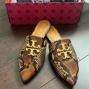 Tory Burch Eleanor Dark Camel Snake Print Leather Mules